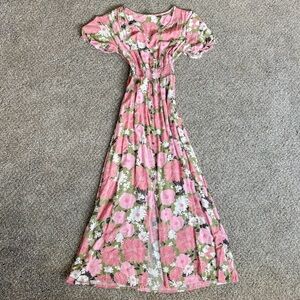 Pink and White Smocked Ruffled Maxi Dress